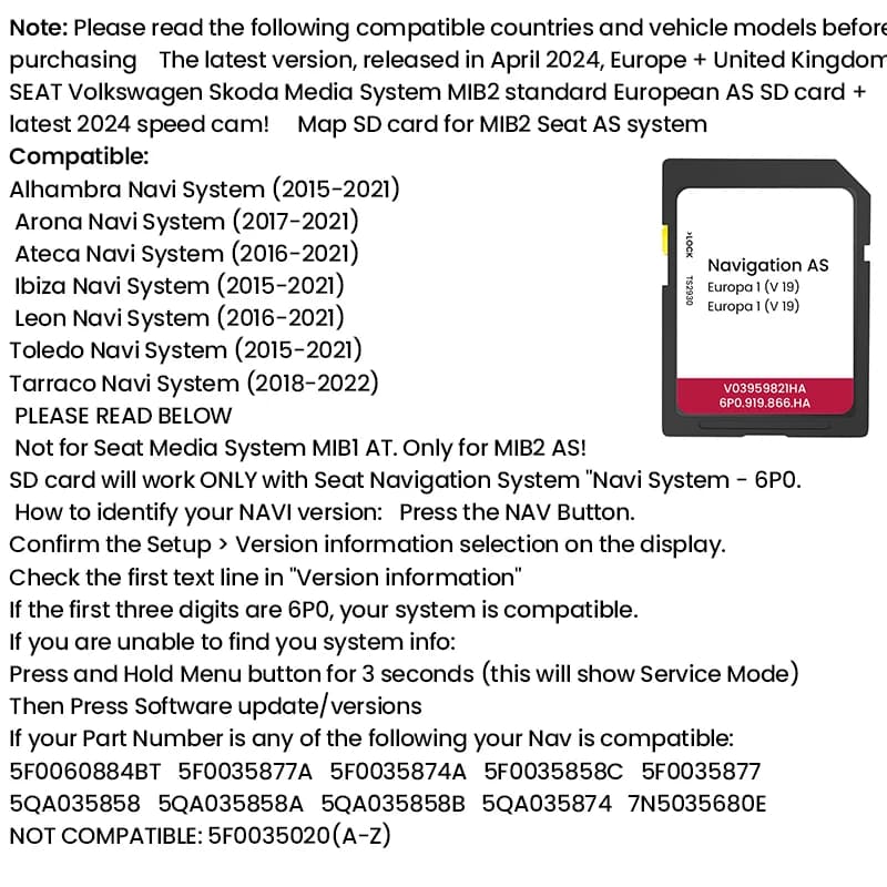 NUOVO 2024 MIB2 UK/Europa Scheda SD GPS Alhambra Ateca Arona Toledo Tarraco Ibiza Leon AS V19 Scheda SD di navigazione per auto 32GB
