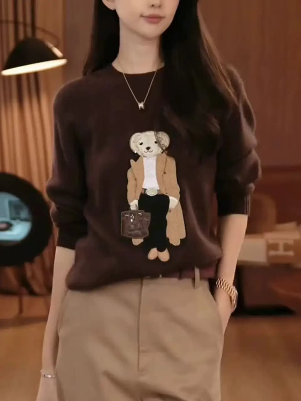 Autunno Inverno Nuovo Retro Cartoon Teddy Bear Maglione Donna Temperamento O-Collo Manica lunga Pullover lavorato a maglia Moda Top versatili