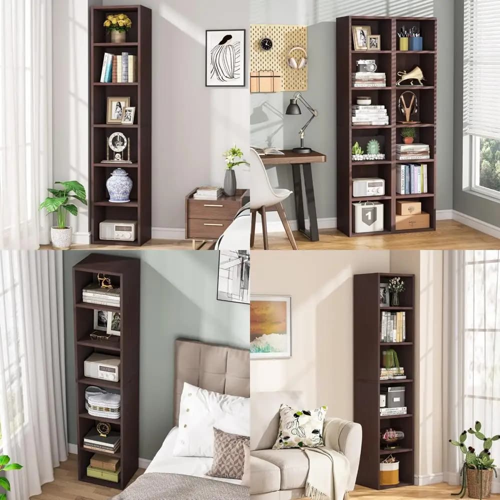 70.9 inch high and narrow rustic bookcase with 6-level shelves for home office and exhibition, corner cube organizer