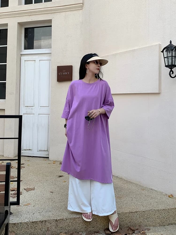 T-shirt lunga in cotone da donna, taglie forti, estiva, a maniche medie, lunghezza al ginocchio, stile pigro, con orlo a spacco