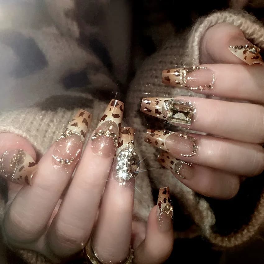 24 pezzi autunno modello leopardo punte per unghie finte lucido grande cristallo francese indossabile stampa sulle unghie Spice Girls moda unghie finte