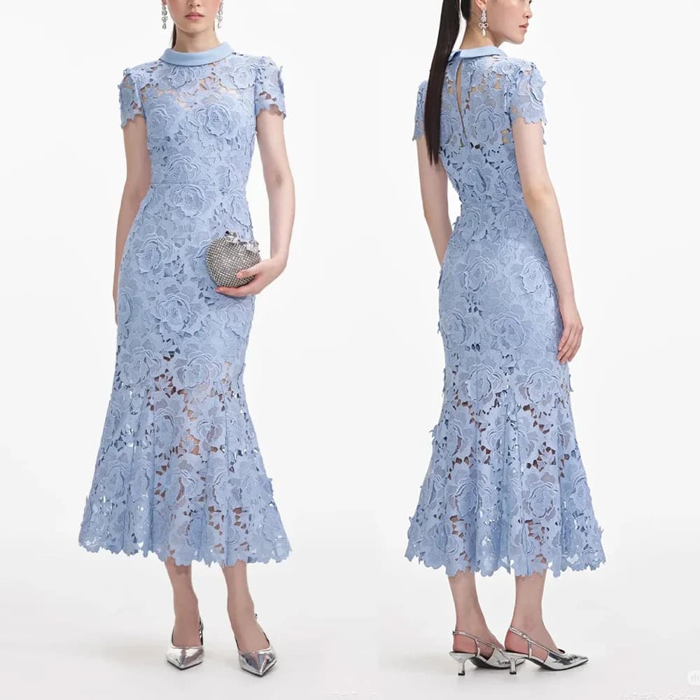 Primavera Estate 2025 New Mist Blue Collo alto ort Sve Solubile Lace Wrap Body Fi Tail Gonna Dr Ele Vita alta Lon...