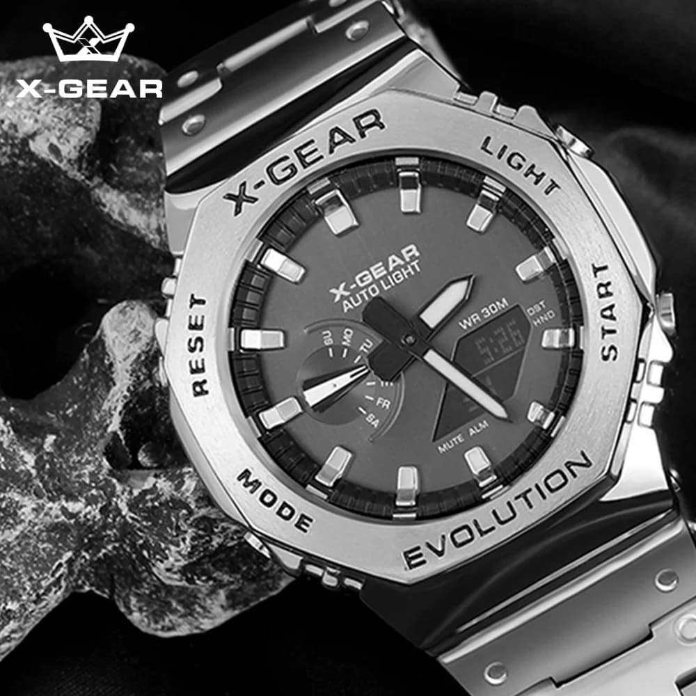 X-GEAR Sports Digital Electronic Unisex Watch Stainless Steel Strap LED Dual Display Multi Function Alloy Large Dial Wristwatch