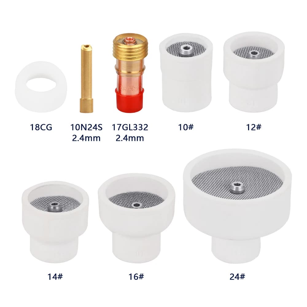 8 pezzi # 10 # 12 # 14 # 16 # Kit Lenti Gas per Torcia TIG WP9/17/18/20/25/26 con 24 Ugelli in Ceramica Bianca, Corpo Collet Corto e Tazze in Allumina
