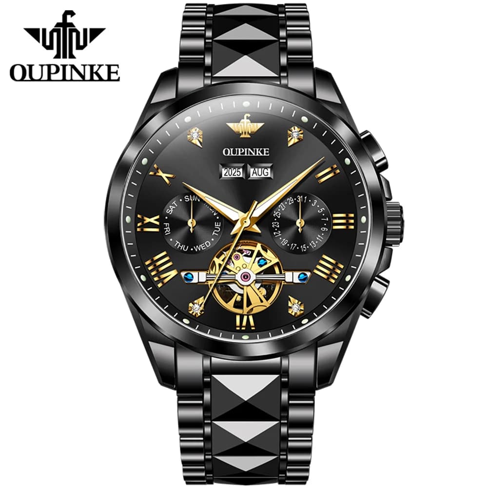 OUPINKE 3240 Orologio da uomo in acciaio al tungsteno nero, design classico, multifunzionale, calendario di lusso, impermeabile fino a 30 m.