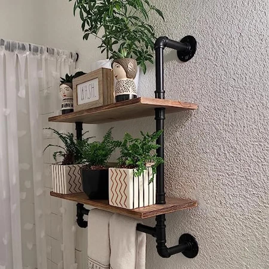 Scaffalature industriali a tubo, mensole a tubo per bagno con portasciugamani sopra il WC, mensole galleggianti in legno di pino per camera da letto a parete K