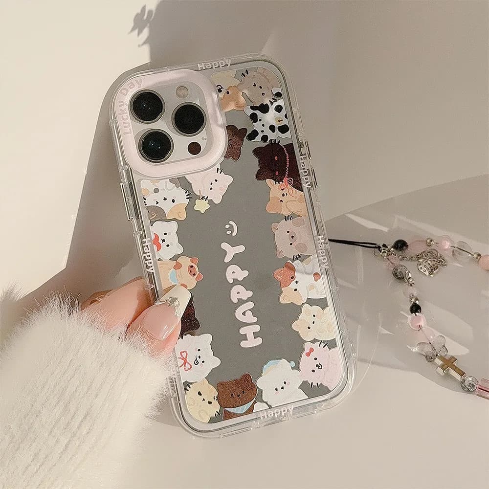 Coreano Make Up Specchio Del Fumetto Gattino Cassa Del Telefono Cordino per iPhone 16 14 13 11 12 15 Pro Max XS XR X Copertura Protettiva Antiurto