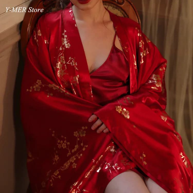 Abito Kimono floreale abbronzante abito stile cinese camicia da notte manica grande Lady Satin Homewear sposa accappatoio da sposa abito Loungewear
