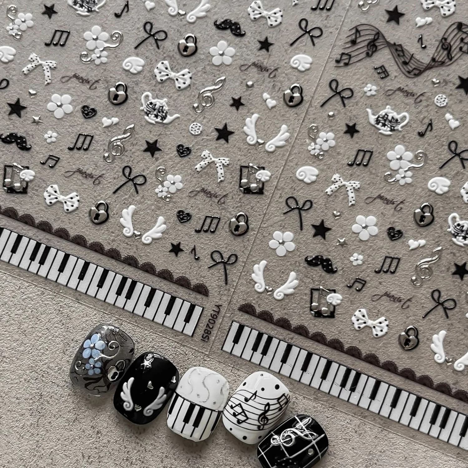 Music 5D Nail Stickers Ribbon Treble Clef Note Piano Keyboard Teapot Polka‑Dot Bow Angel Wing Heart Lock Moustache Nail Decals