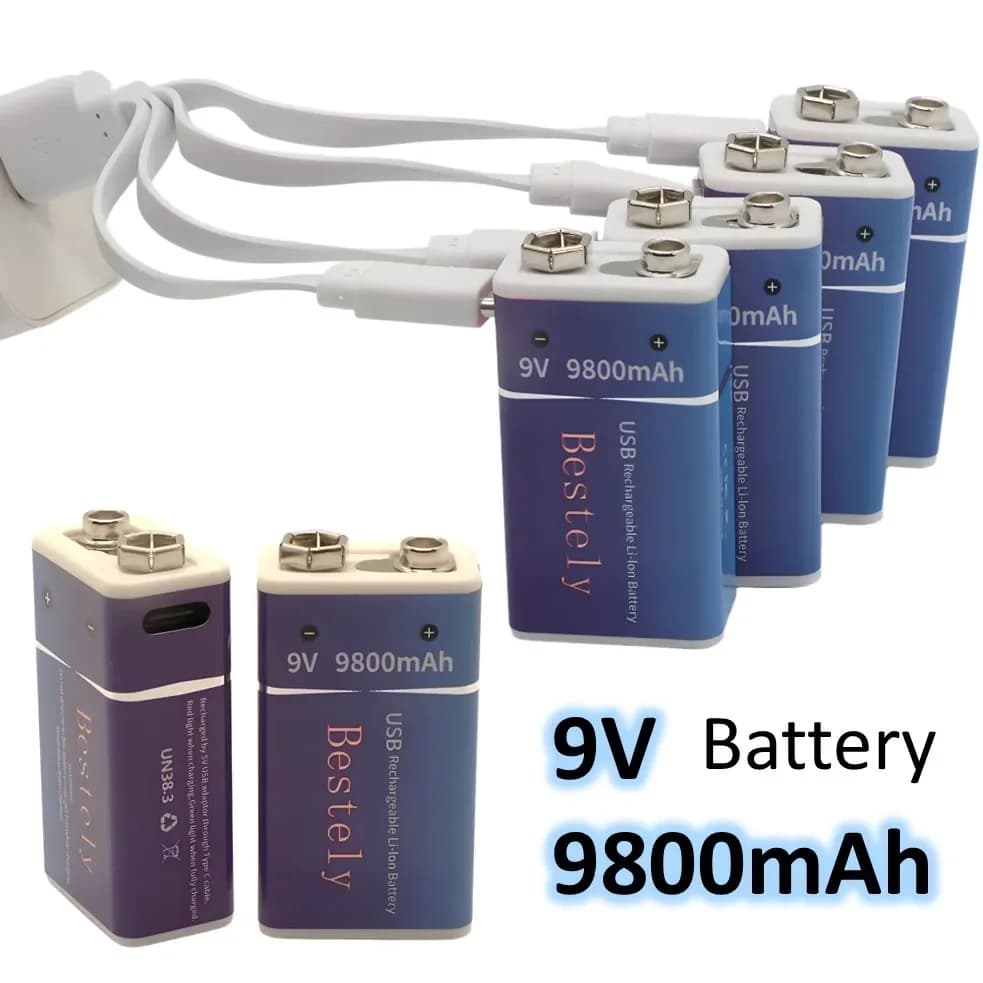 Batteria ricaricabile agli ioni di litio da 9 V 9800 mAh PP3 6F22 6LR61 006P Ricarica USB per rilevatore di fumo, allarme, microfono, giocattolo