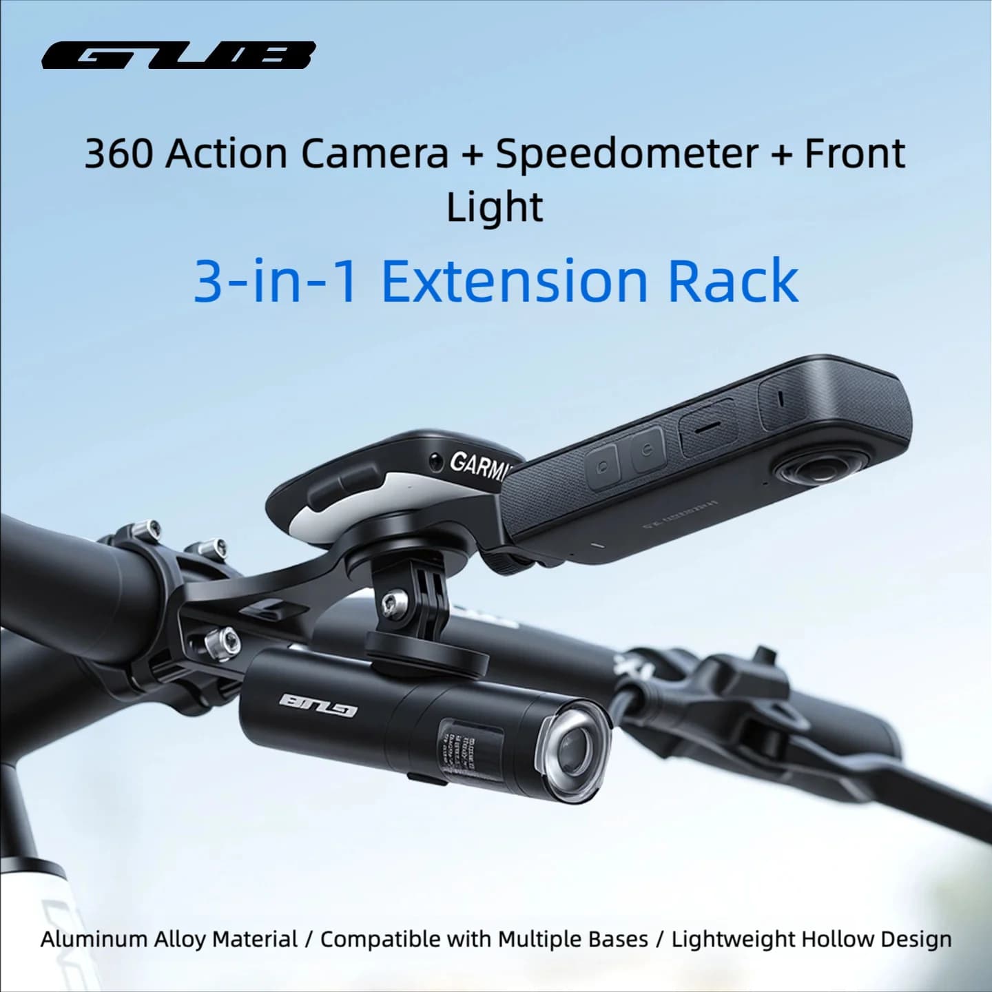 Supporto per Computer da Bicicletta GUB 683 3-in-1 in Lega di Alluminio, Estensore Manubrio per Garmin Bryton Wahoo, Luce Bici e Fotocamera Sportiva