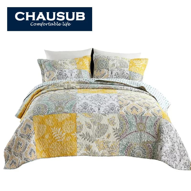 Patchwork 100% Cotton Quilt Lightweight Summer Quilted Bedspread Set 3PCS for AC Bedroom Decor King Queen Size Coverlet
