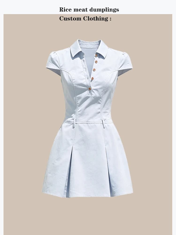 Summer Slim Fit Denim V-Neck Dress A-Line Short Skirt Waist-Cinching College Style Women's Cotton Short Sleeve Zipper Cl...