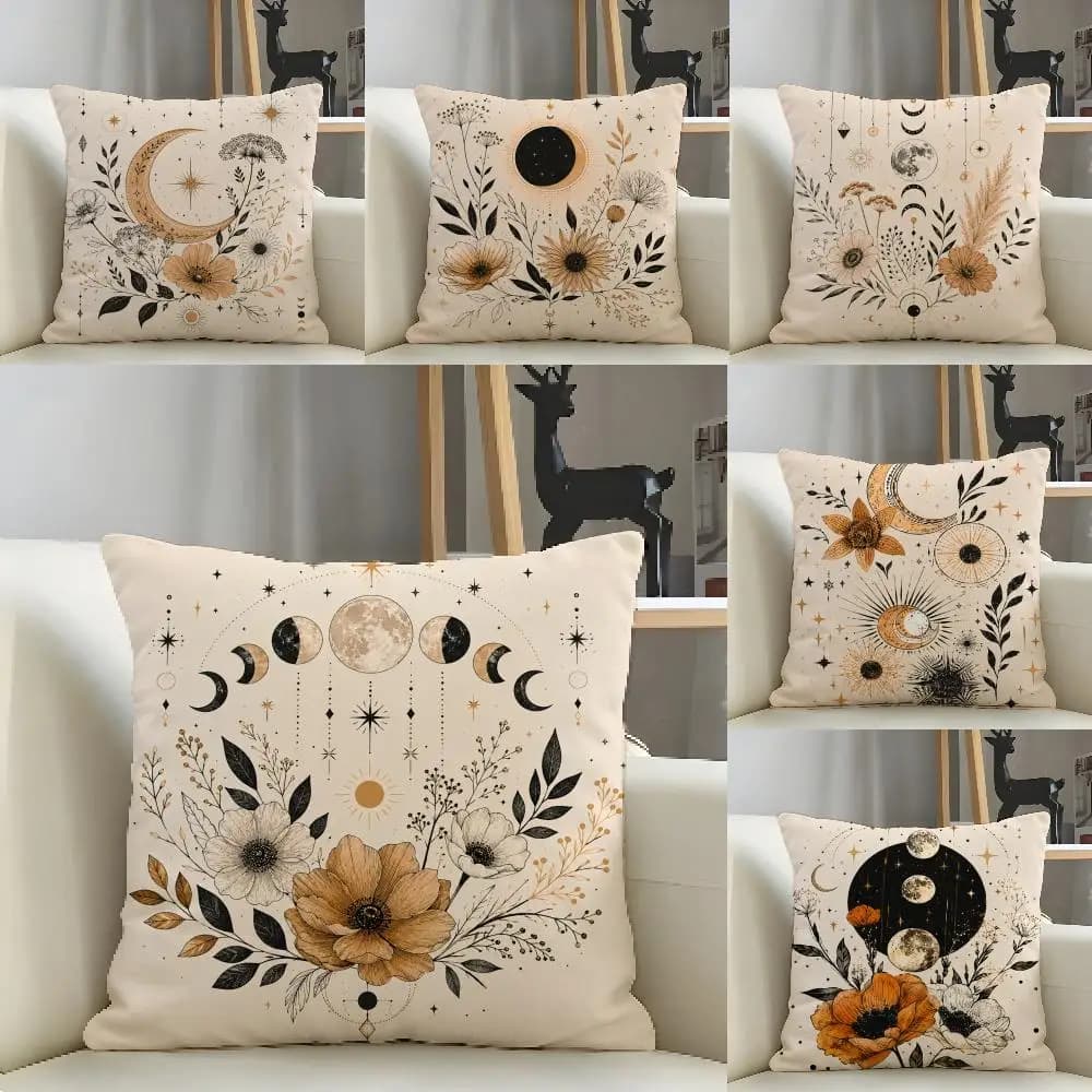 Bohemian Celestial Moon Cushion Cover Natural Linen Pillow Case Organic Fabric Double Sided Print Sofa Home Decor Gift