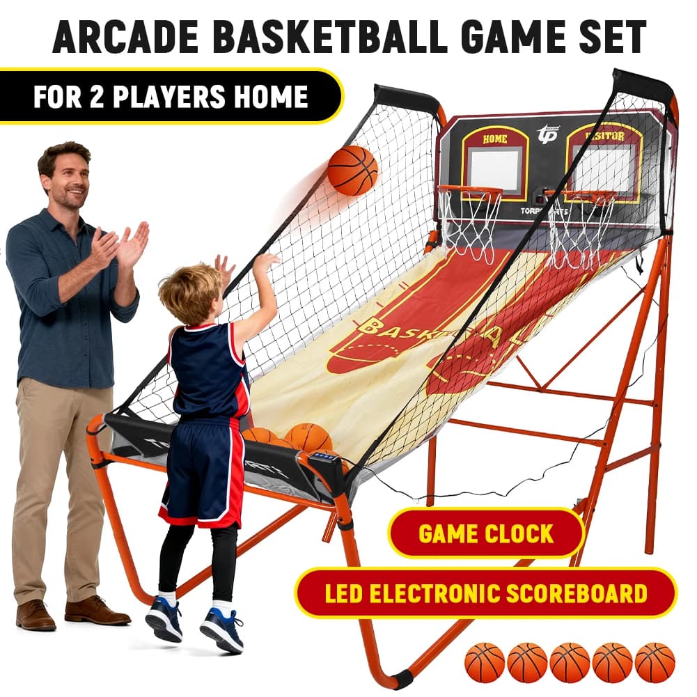 Arcade basketball game set with 5 size 7 inch balls, double electronic basketball machine for 2 players, children and adults players
