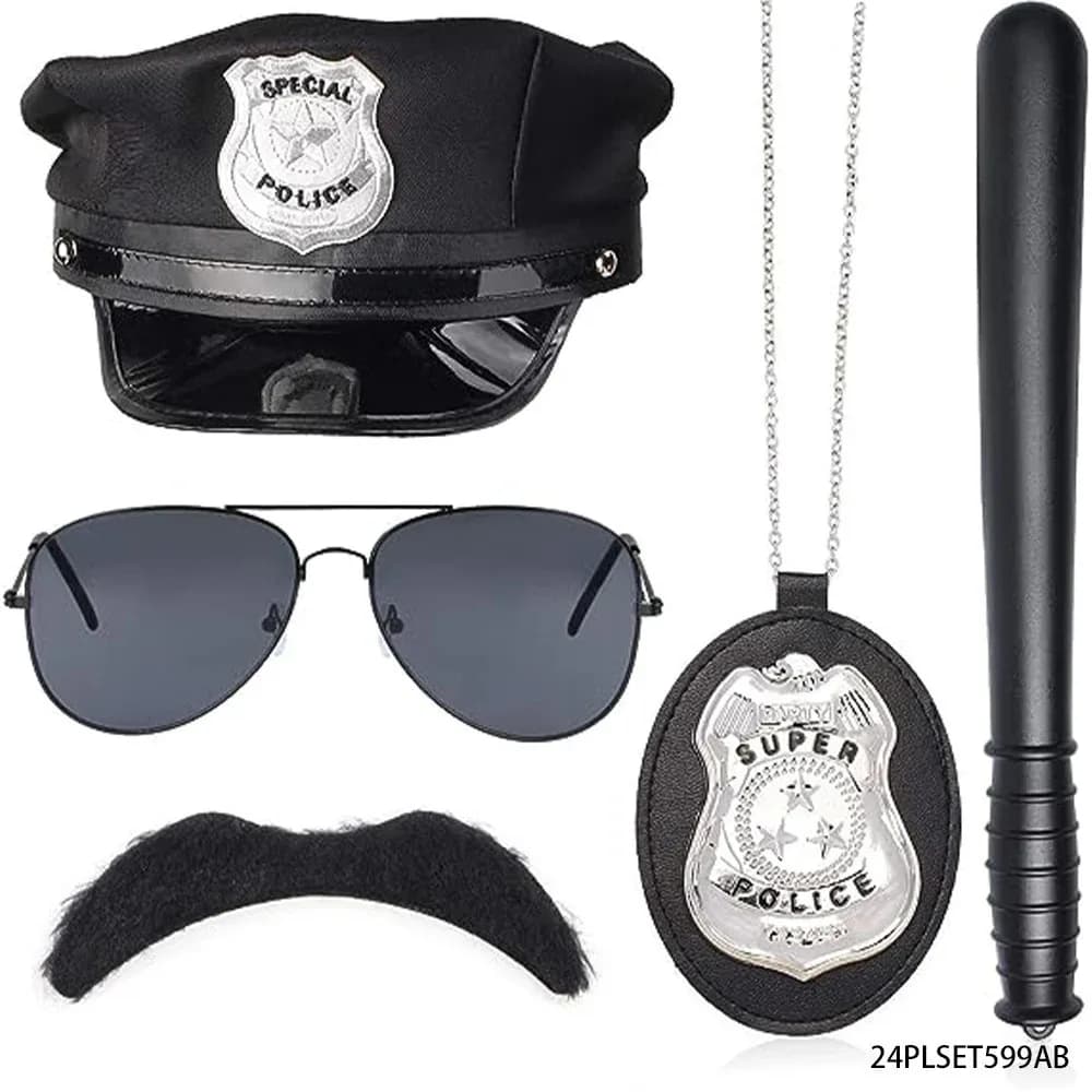 PESENAR Police Hat Baton Badge Sunglasses Mustache FBI Cop Swat Set Halloween