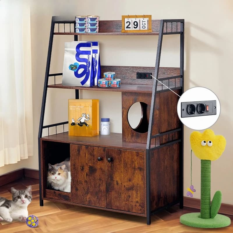 Mobiletto per lettiera per gatti con 3 ripiani e ante, 3 in 1, grande casetta per gatti in legno, toilette per gatti