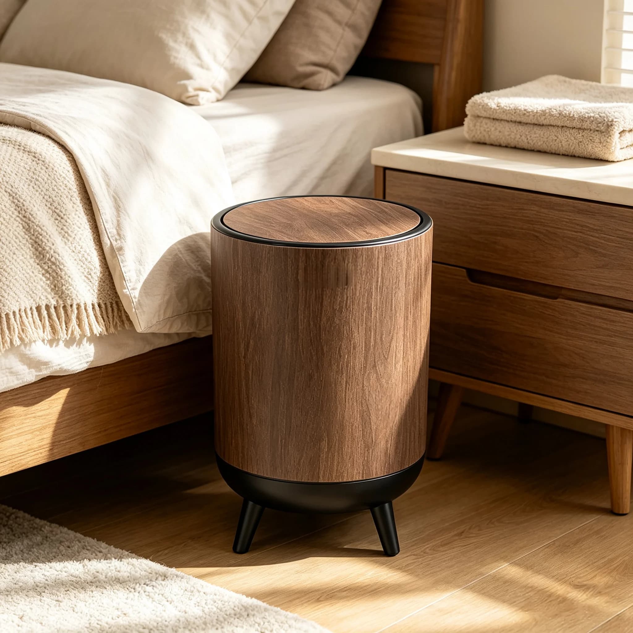 Mid‑Century Modern Wood‑Look Trash Can, Round Flip‑Top Lidded Plastic Waste Bin with Raised Legs, Aesthetic Decorative Garbage Bucket for Home Decor