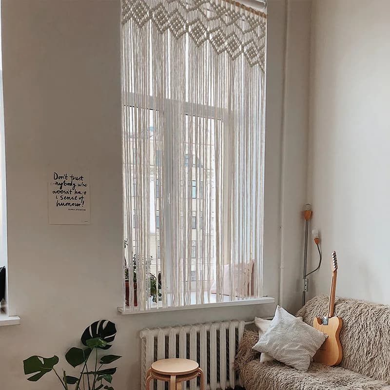 Tenda Decorativa Rettangolare in Corda di Cotone Stile Bohemien Nordico, Tessuta a Mano, con Nappe, per Airbnb e Dormitori