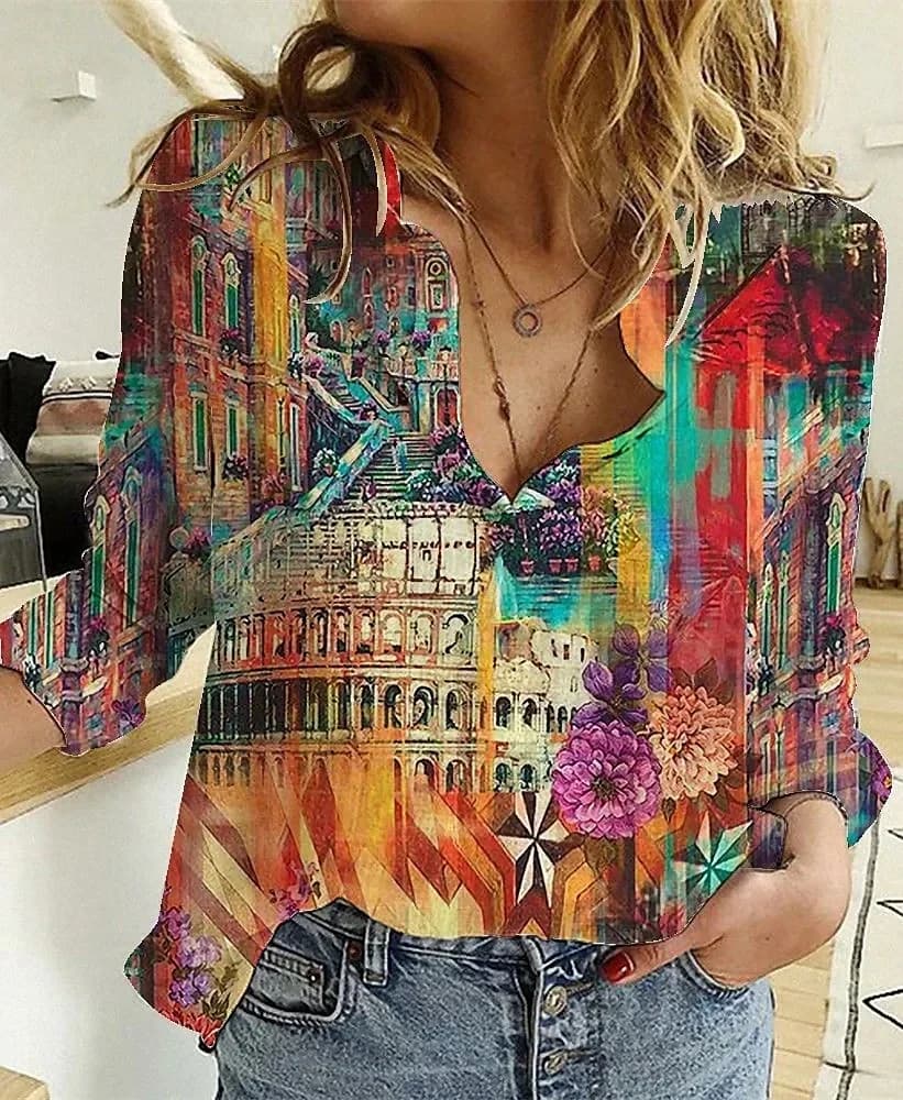 Camicia ampia elegante Donna Weekend Camicia casual da donna con stampa floreale 3D Camicia da donna a maniche lunghe Moda Top Camicette da donna