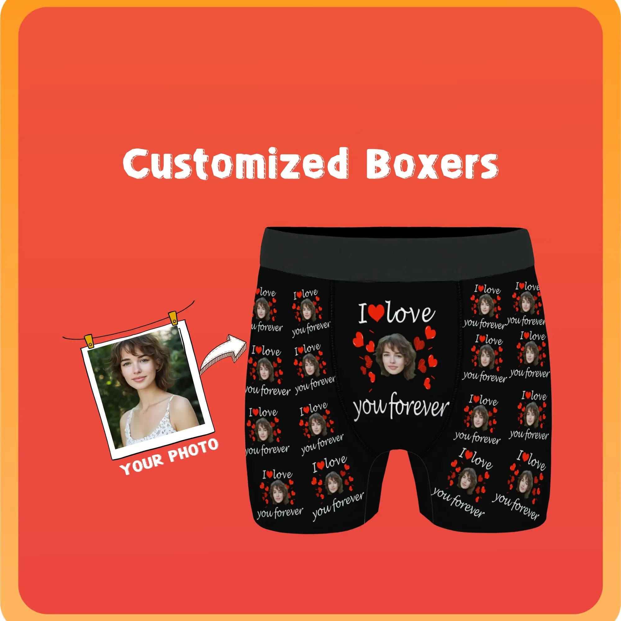 Comfotable Soft Men's Customized Boxer Briefs Underwear Personalized Face Red Heart Print Valentine's Day Wear Gifts for Lovers