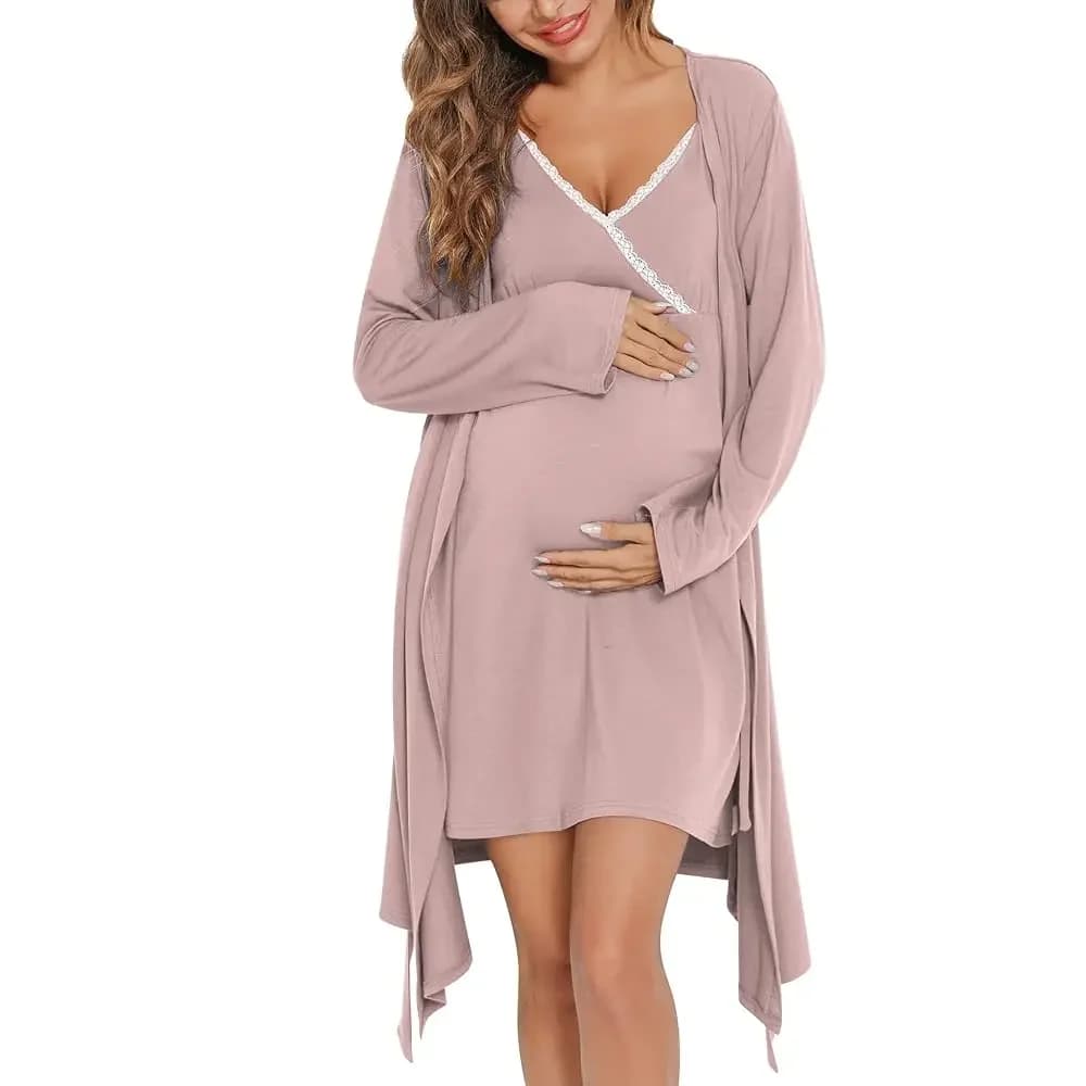 Vestaglia Premaman da Donna 2 Pezzi, Camicia da Notte per Allattamento 3 in 1, Abito per Parto e Allattamento, Vestaglia in Pizzo