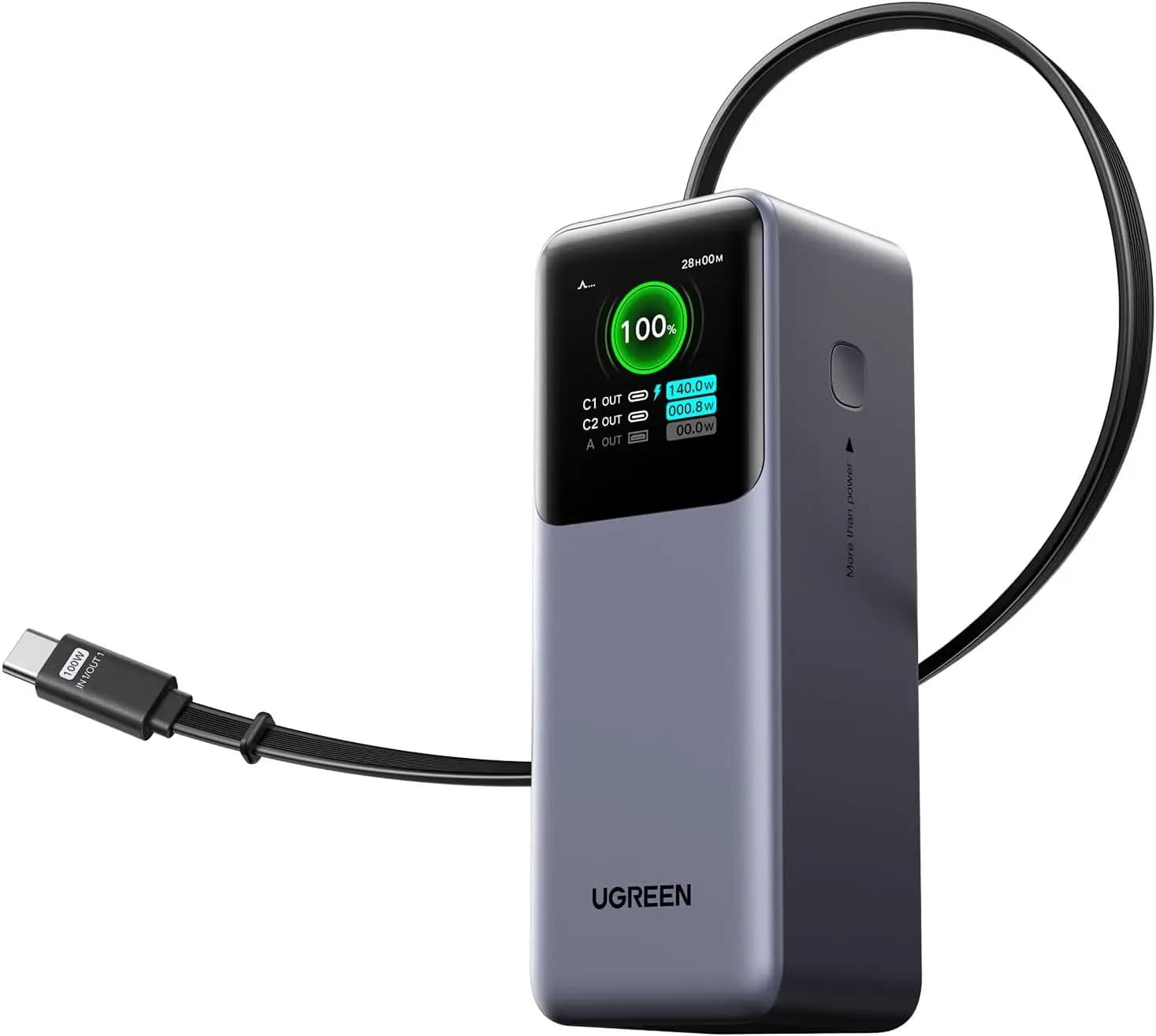 UGREEN Nexode Power Bank 20000mAh 165W con Cavo USB-C Integrato, Caricabatterie Portatile da Viaggio per Laptop, Ricarica Rapida per iPhone 17/16