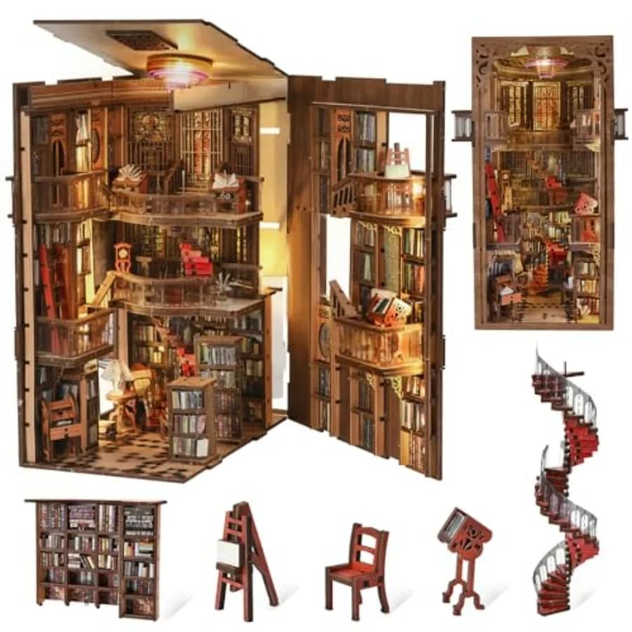 Kit Libreria Book Nook, Puzzle 3D in Legno, Fermalibri con Luce LED per Adulti e Adolescenti, Decorazione d'Interni Stile Biblioteca dell'Abbazia, Studio