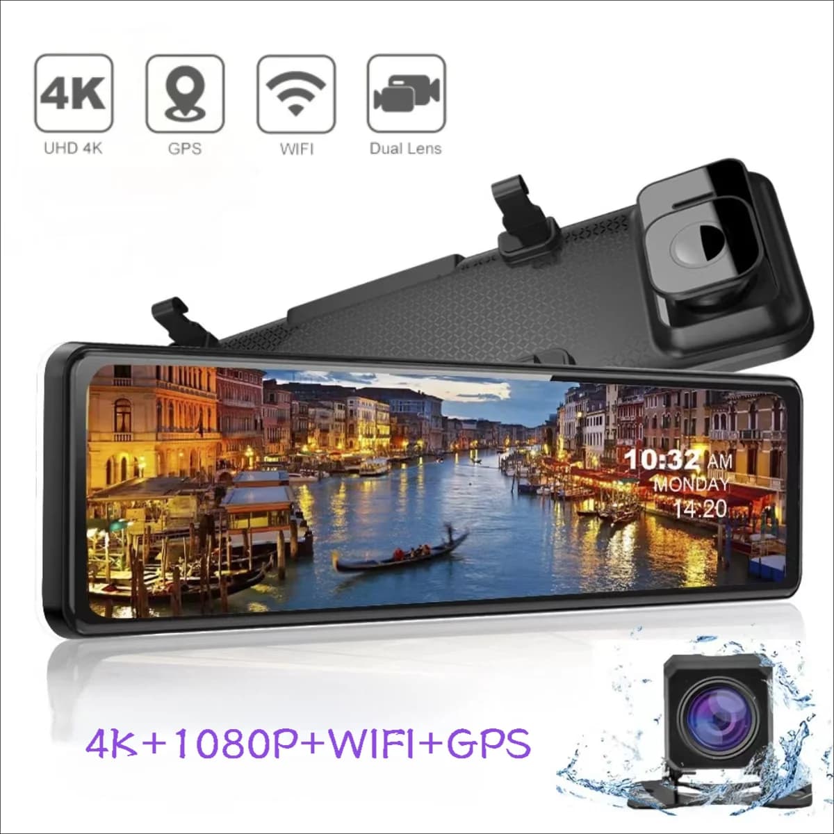4K front camera with WiFi mirror and 11.26 inch GPS, Front and rear Dashcam, 1080P rear camera, Dashcam with WDR camera, Night vision