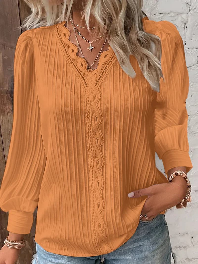 Elegante Camicia Estiva da Donna con Pizzo Traforato, Blusa Chic con Scollo a V e Maniche Lunghe, Top Casual Basic in Pizzo