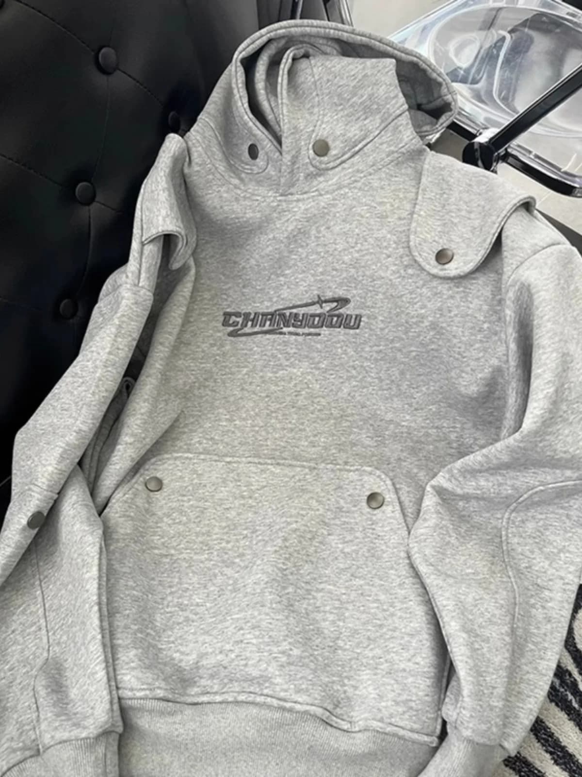 Gray Deconstructed Design Heavyweight Hoodie Men's Spring Autumn Trendy Brand Apocalyptic Style Overhead Hooded Sweatshirt Pr...