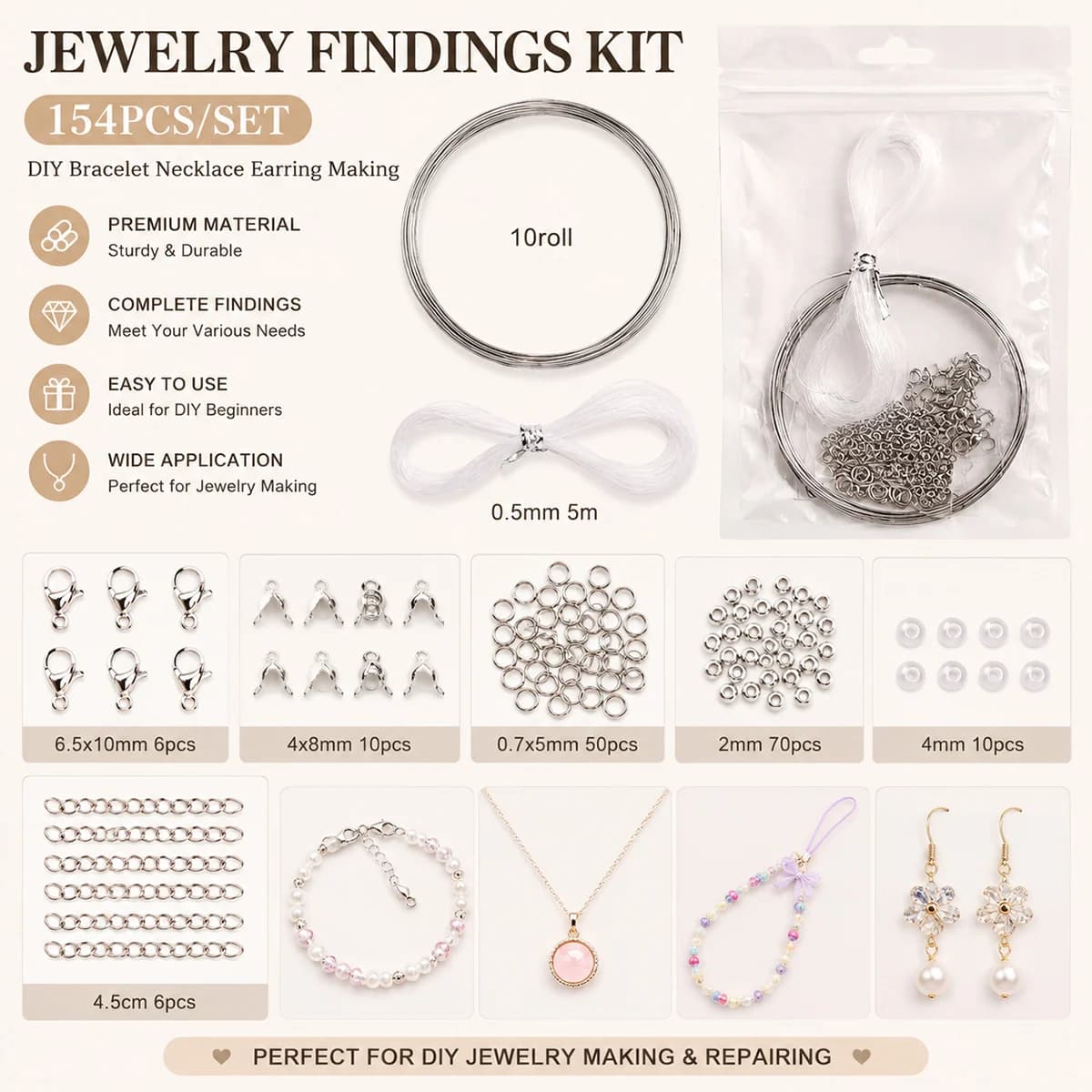 154pcs Jewelry Making Supplies Kit Steel Wire Elastic Thread Jump Rings Clasps Findings for DIY Bracelet Necklace Earring Craft