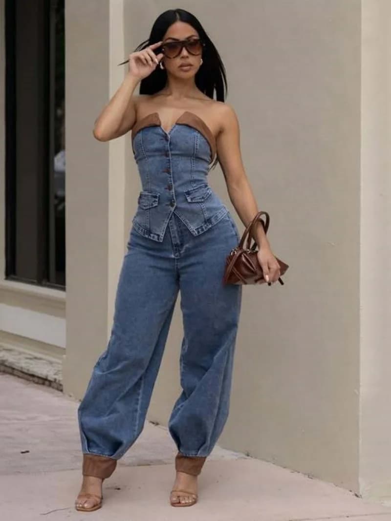 Completo Streetwear in Denim da Donna 2 Pezzi, Abbigliamento Estivo 2026, Top Senza Spalline e Jeans Dritti