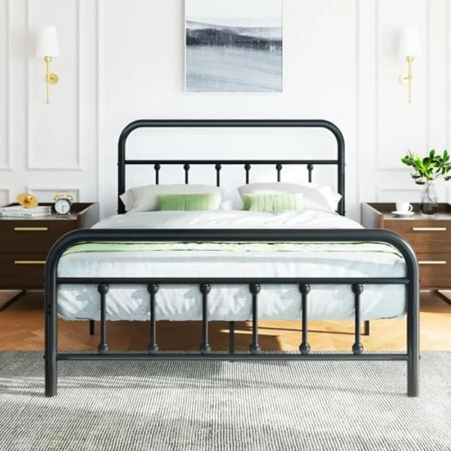 Metal double bed base with headboard and footboard, steel structure with slats, container under the bed, silent