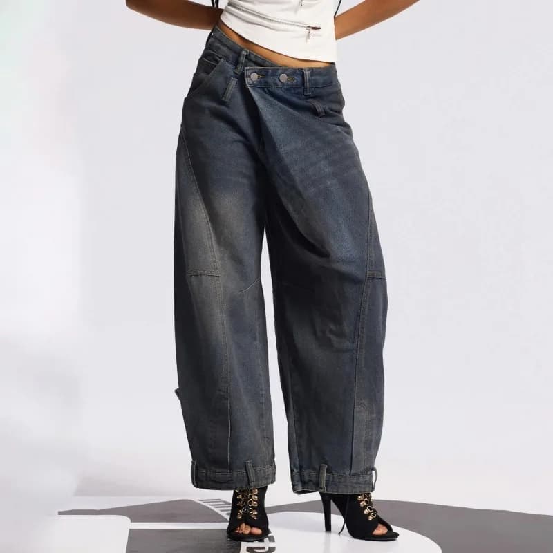 Vintage Women'S Asymmetric Wide Leg Machete Pants Y2K Hip Hop Fashion Loose Washed Low Waist Jeans Safari Cargo Denim Trousers