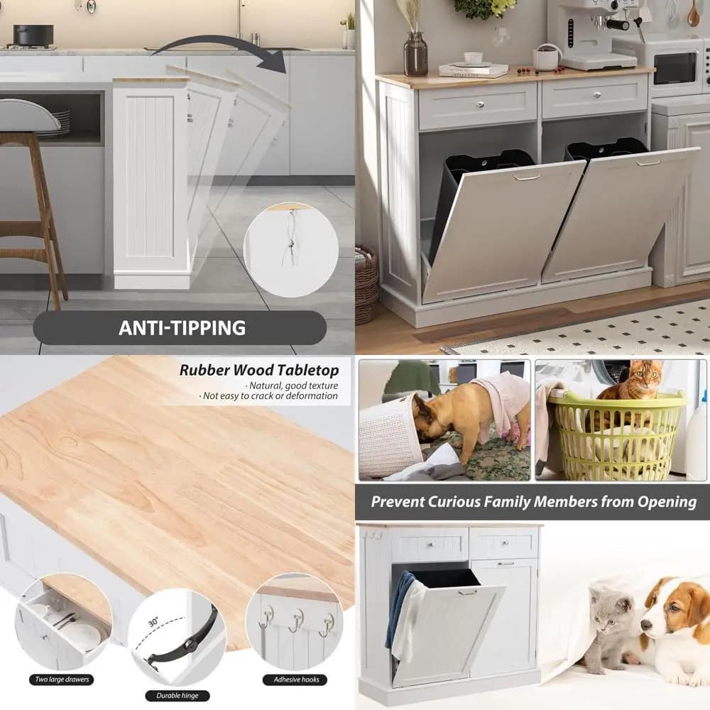 Mobiletto per Rifiuti da Cucina con Cesto per Biancheria, Bidone della Spazzatura Anti-Animali da 26 Galloni per Soggiorno, Bianco