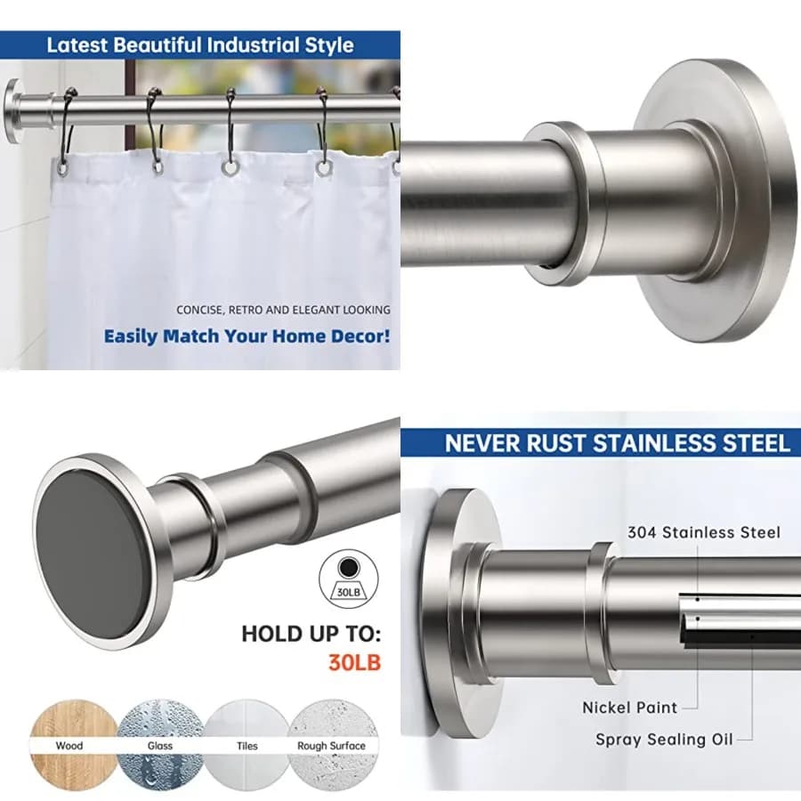 Asta per Tenda Doccia Industriale - Asta a Tensione Lunga Antiruggine Antiscivolo in Acciaio Inox 304