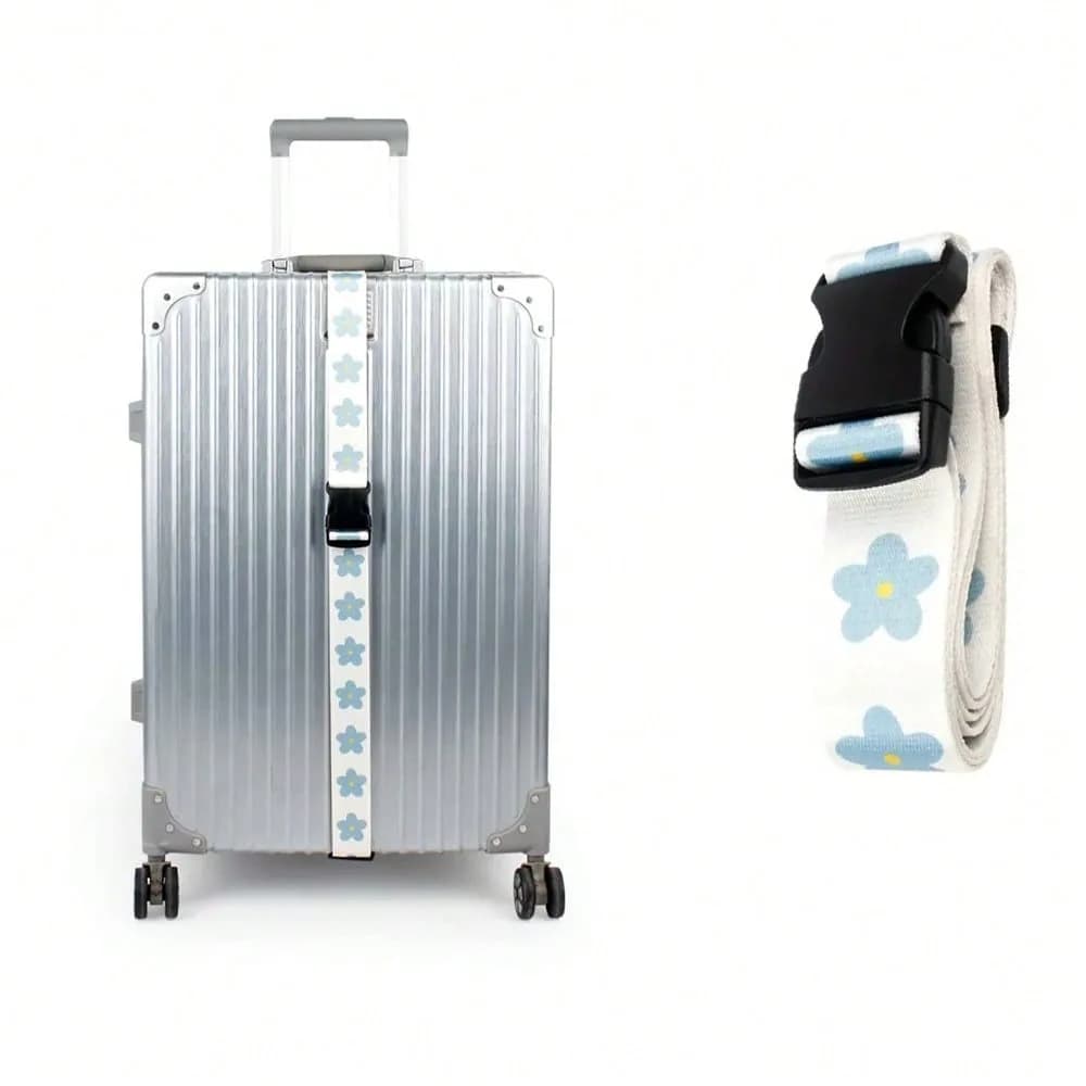 Cinghia con fibbia in plastica per bagagli da viaggio, cinghia per bagagli regolabile con stampa floreale, chiusura con fibbia, nera con design floreale bianco