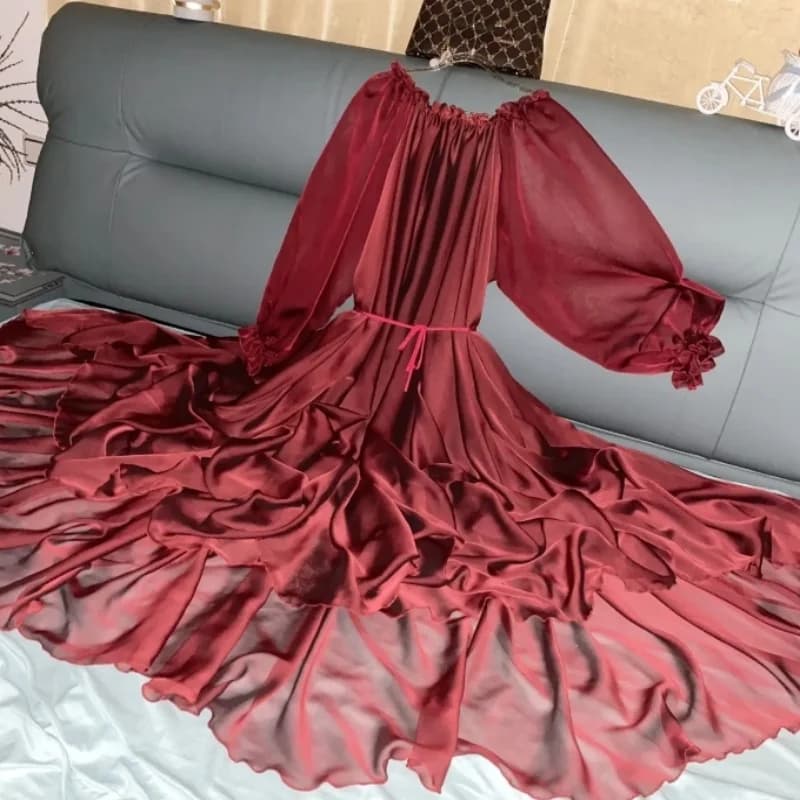 Abito lungo trasparente morbido come la seta da donna elegante Gonna svasata Maniche lunghe Colletto arricciato Abito da sera fluido tinta unita Abito da spiaggia