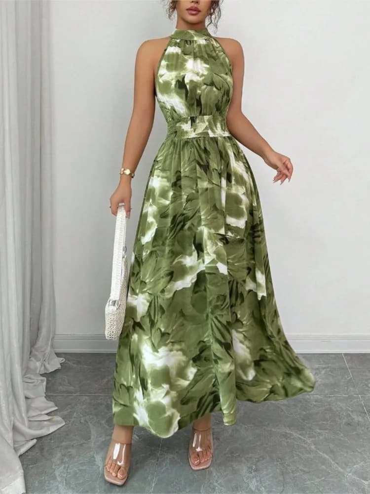Dresses 2026 Woman Summer Halter Neck Sleeveless Dress Off Shoulder Printed Vestidos Elegant Slim Robe Temperament All-match