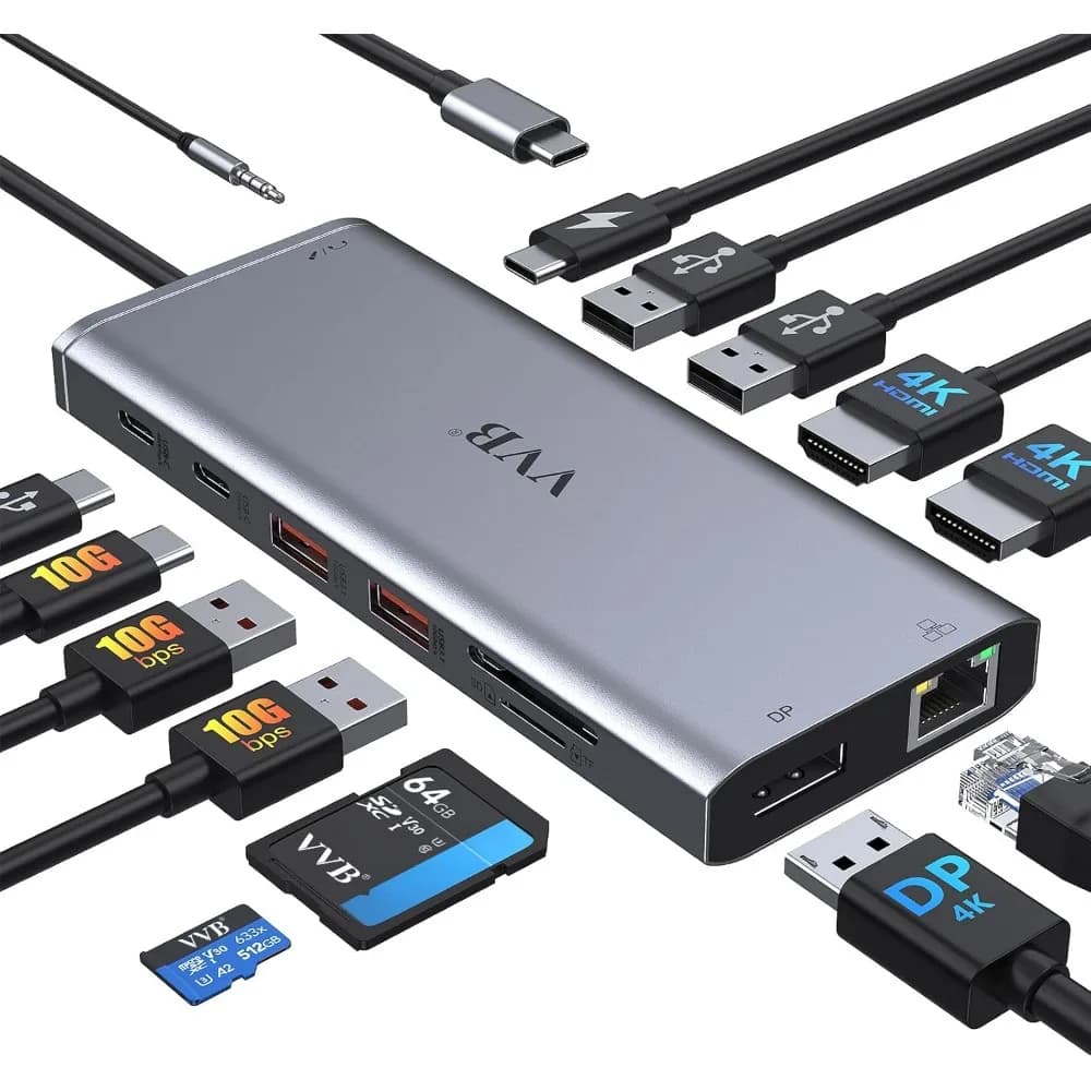 Docking station USB-C 14 in 1 con doppio HDMI 4K, DisplayPort, Ethernet, ricarica PD da 100 W e porte USB multiple