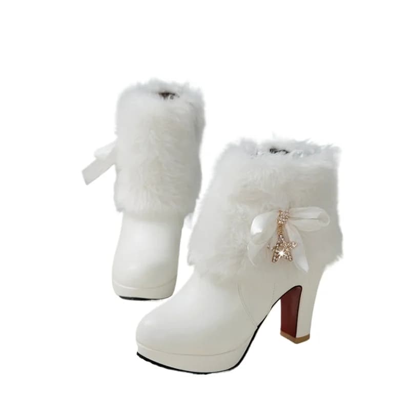 Stivali da neve Donna Inverno Caldo Peluche Moda Tacchi alti Rosa Bianco Nero Pelliccia Bowt Dress Party Wedding Stivali con plateau 526-1