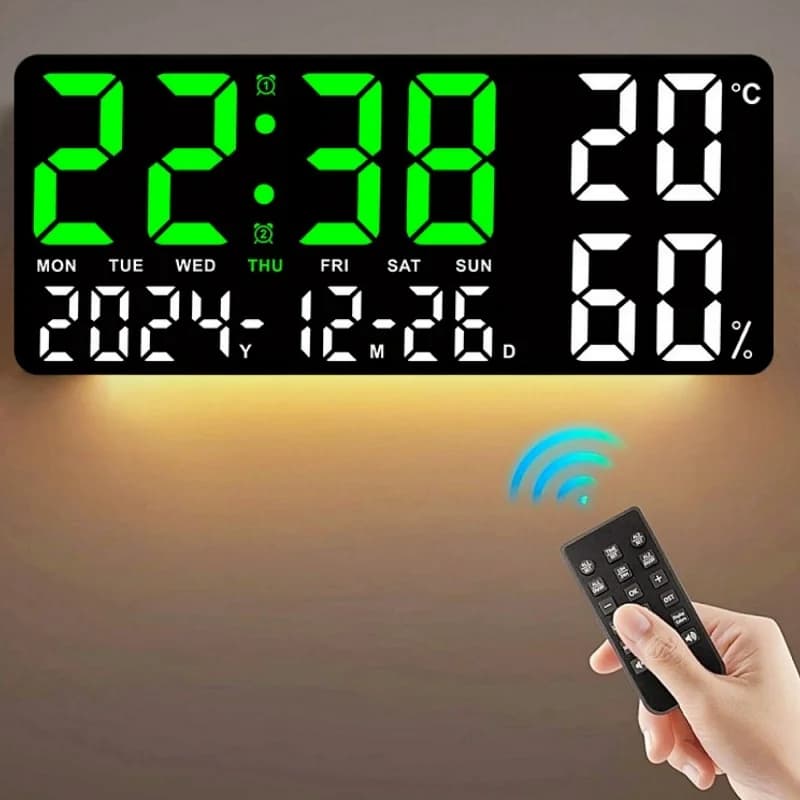 Large Digital Wall Clock with 7 Colors Atmospheric Light 2 Alarm Clock Temp Moisture Date Table Clock 12/24 Hours Countdown LED Alarm Clock