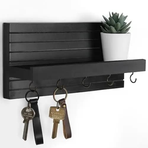 Portachiavi da parete con mensola – Elegante organizer da ingresso per chiavi, guinzagli e giacche – Appendiabiti in legno nero
