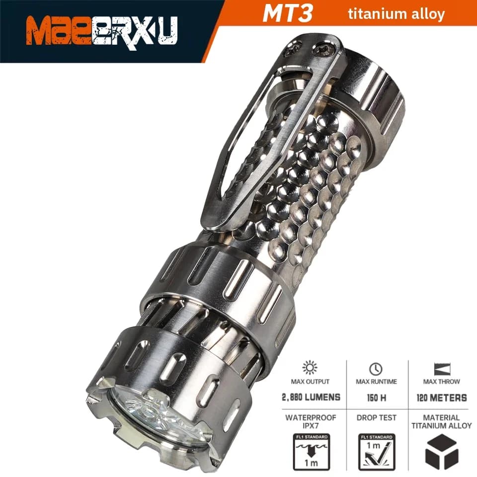 Maeerxu MT3 Titanium Torch 18350 Battery 2880LM High Power Super Bright Flashlight Survival Flashlight for Bicycle and Fishing
