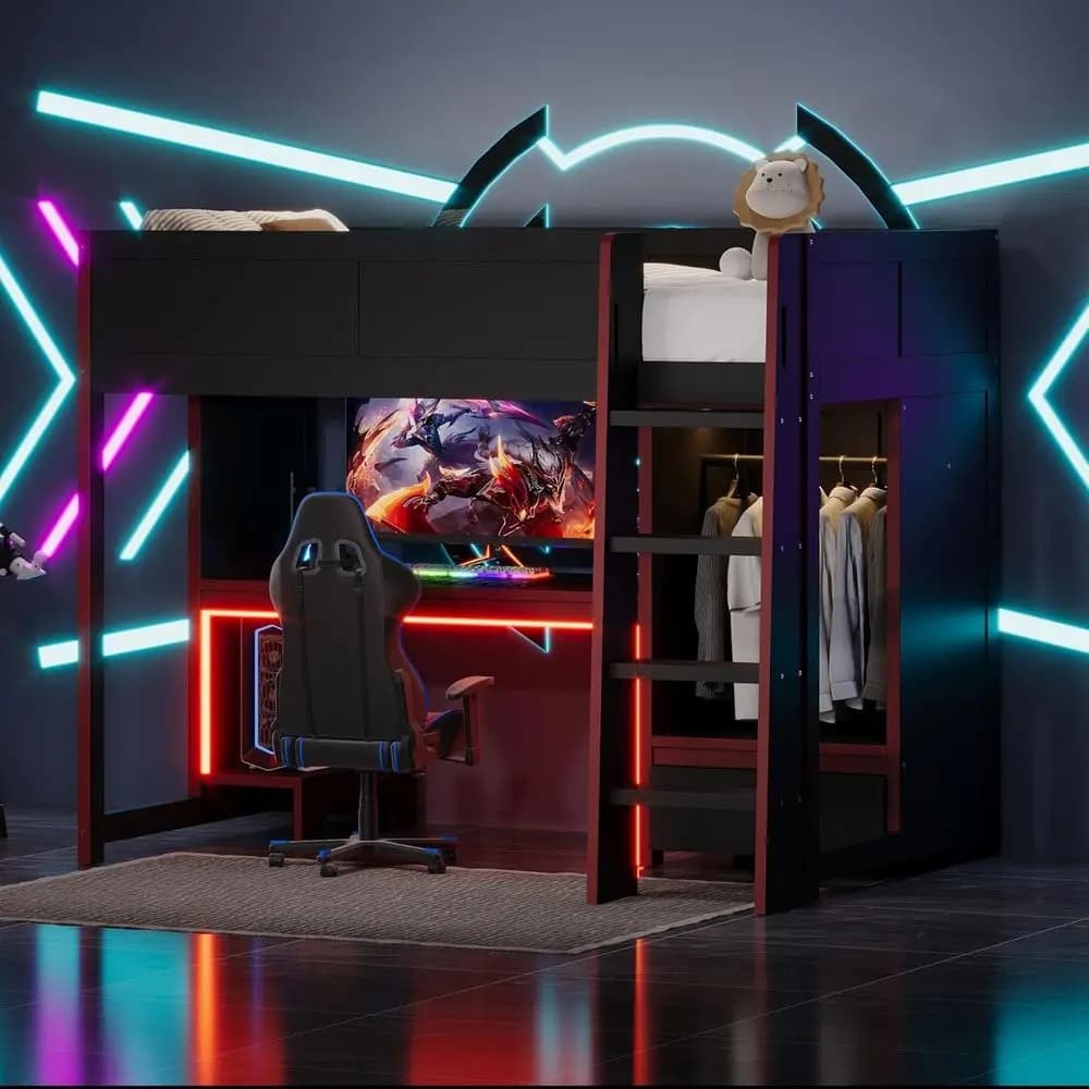 Letto da Gaming in Legno con Scrivania Integrata, Armadio, LED e Comodino, Letto Singolo per Bambini o Camera da Letto, Non Richiede Rete a Doghe
