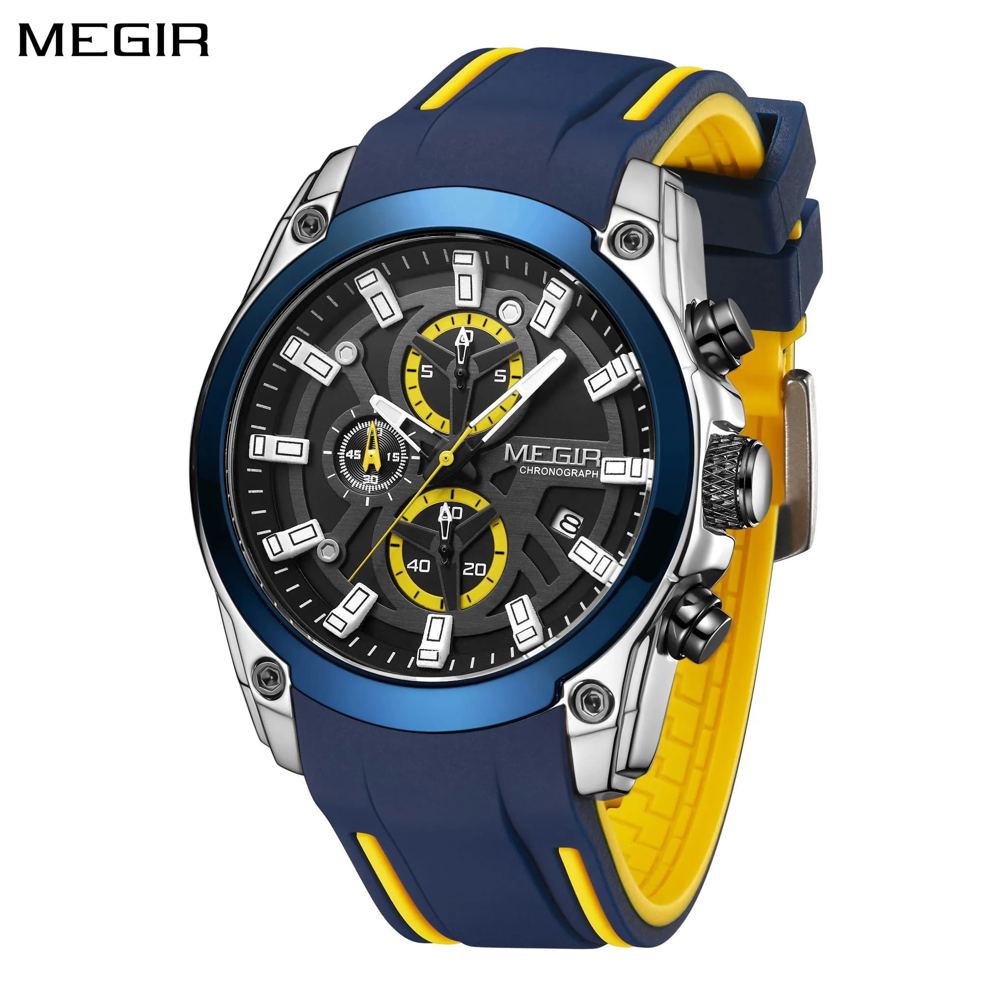 MEGIR Cronografo Orologio sportivo di lusso da uomo Orologio da polso analogico al quarzo con quadrante grande impermeabile in silicone con data automatica Reloj Hombre