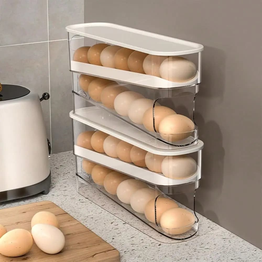 DoubleLayer Egg Holder, Keeps Eggs Fresh, Sliding Container Holds 1214 Eggs Hinged Design, Plastic Material, No Food Contact Re