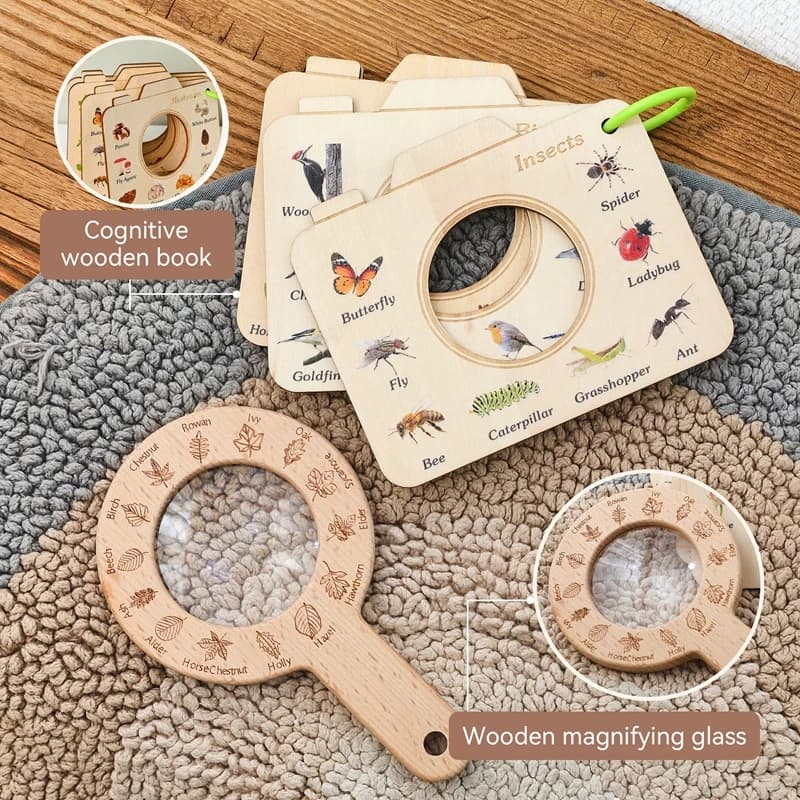 Wooden Montessori Toy Magnifying Glass Outdoor Explore Cognition Tool for Children Forest Adventure Toy Leaf Insect learning Toy