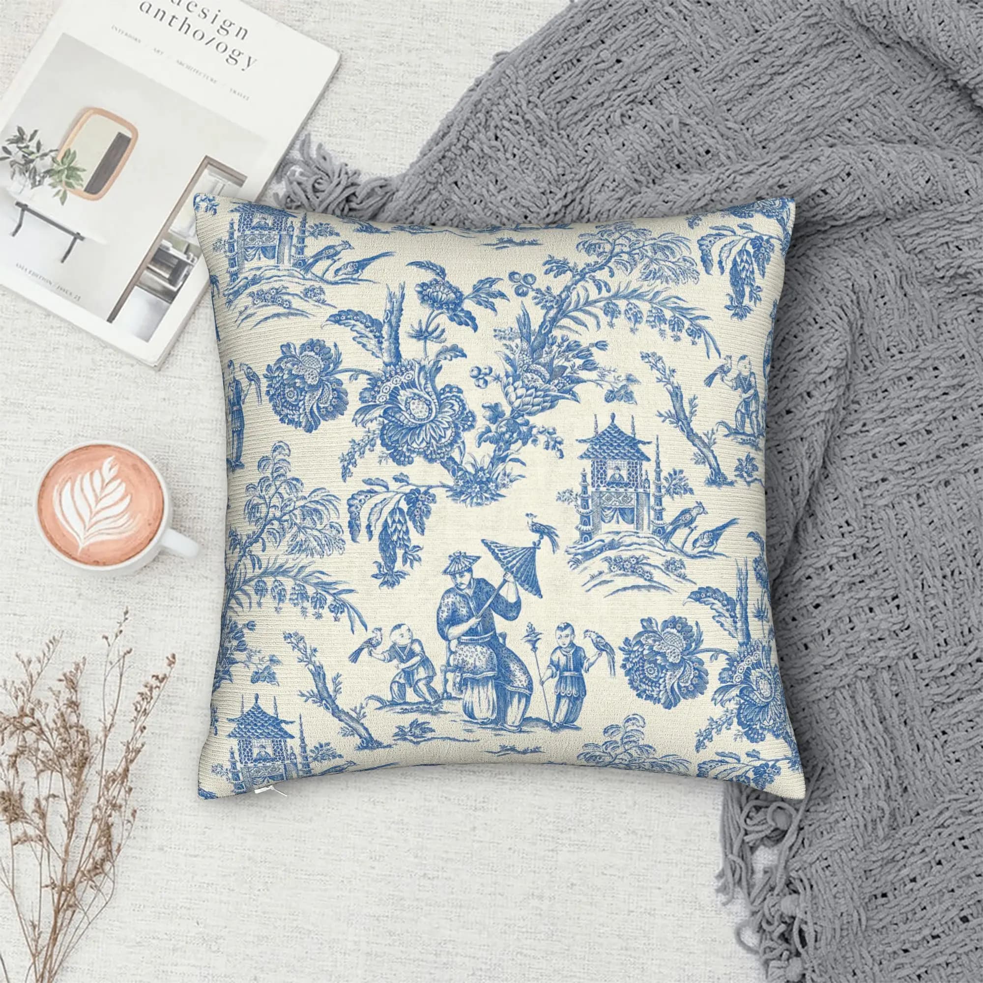Custom Navy Blue Toile De Jouy Pillow Case Morden Pillow Cover Soft Pillowcases For Living Room Sofa
